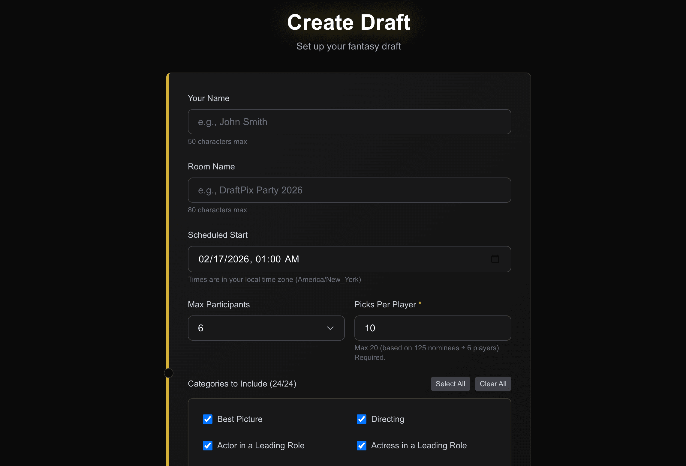 Create a draft — set participants, categories, and picks