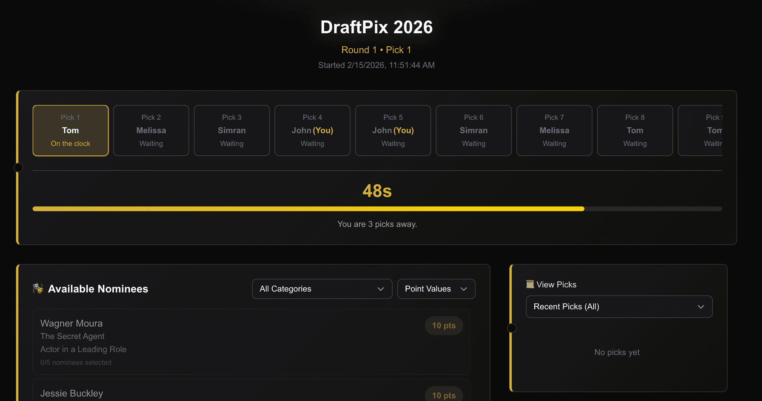 Live draft room — take turns picking nominees