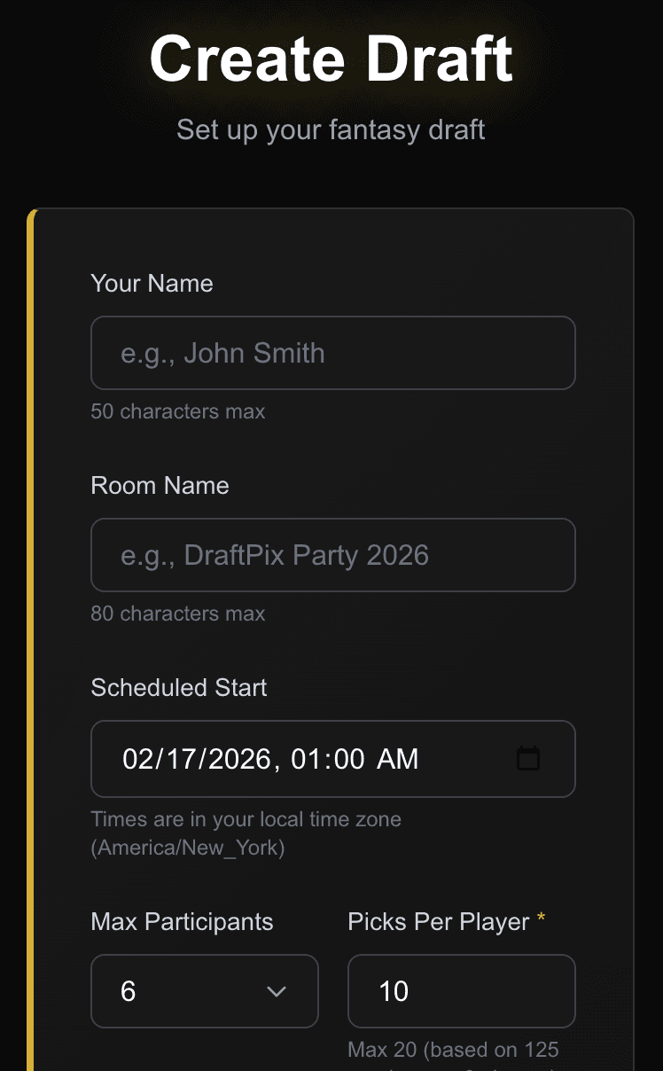 Create a draft — set participants, categories, and picks