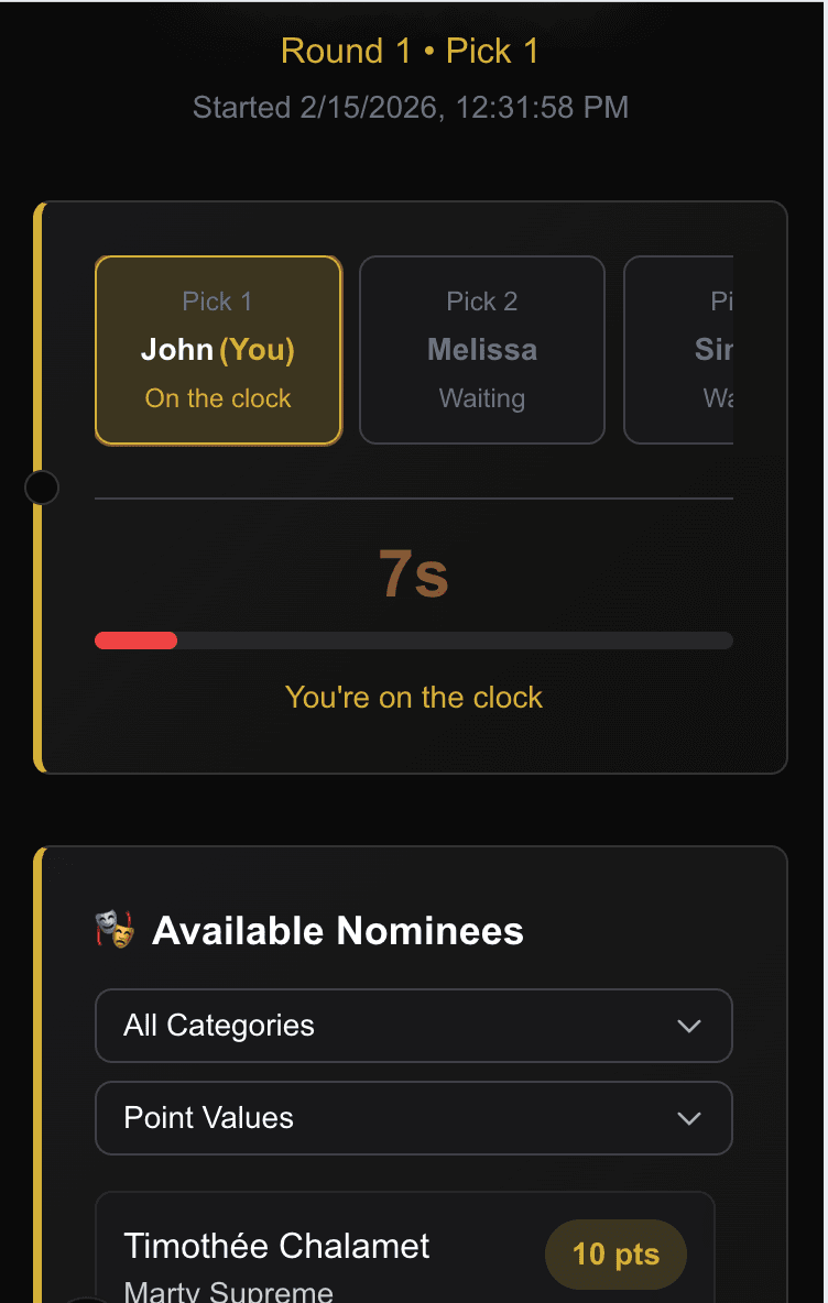 Live draft room — take turns picking nominees