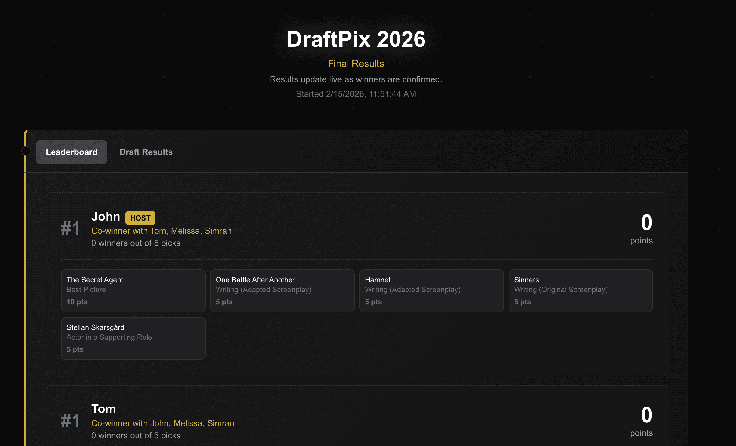 Results page — leaderboard and picks